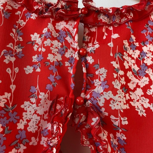 Selfie Leslie Laney Floral Tiered Dress Women M Red Ruffle Babydoll Cutout Back - Picture 7 of 13